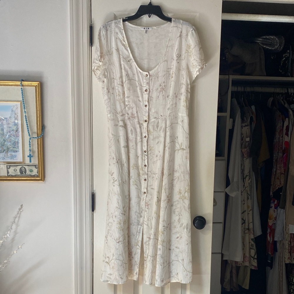3 Dots Elegant White Floral Button-Down Linen Dress